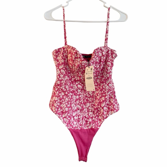 Zara Pink Floral Corset Bustier Bodysuit Blogger Favorite Spring Preppy M NWT - Picture 2 of 8